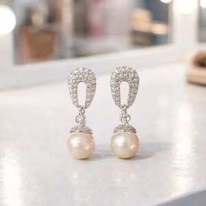 Silver Crystal Bracelet and Pearl Earrings